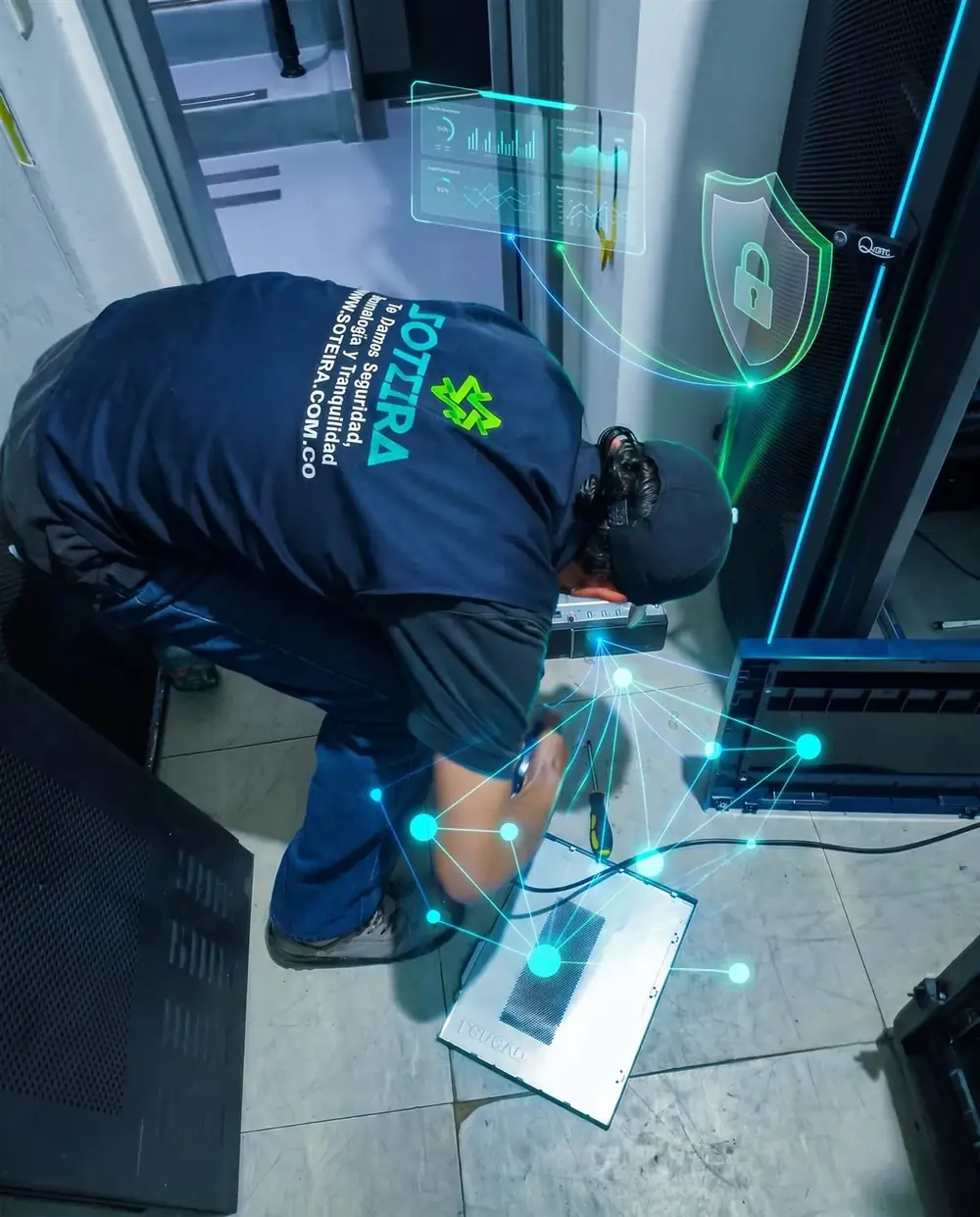 Técnico trabajando en el piso técnico de una sala de servidores