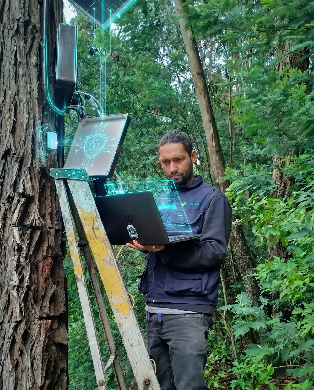 Técnico de Soteira revisando un computador con su notebook